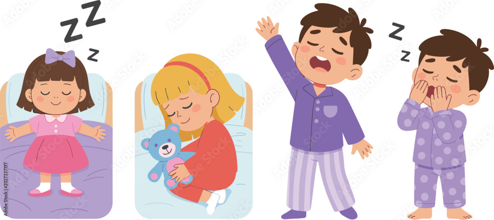 Fototapeta premium Cute Cartoon Kids Sleep Routine Vector Character Set Featuring Little Children Sleeping in Bed Cuddling Teddy Bear Yawning and Waking Up