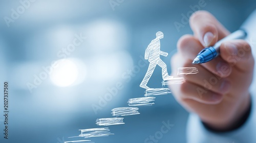 Hand drawing steps upwards for a figure symbolizing growth and progress
