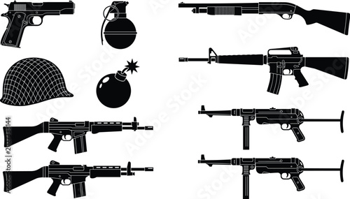 Foto Black silhouette icons of handgun, rifles, shotgun, grenade, bomb, combat helmet