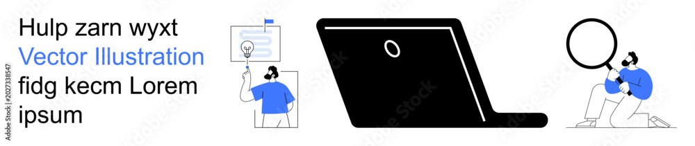 Fototapeta premium Digital communication, online research, work productivity, educational tools, information search, content creation. A laptop with abstract characters researching and analyzing. Digital communication