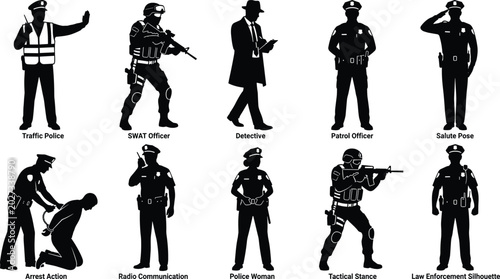 Obraz na płótnie Black silhouette icons of police officers, SWAT, detective, patrol, salute, arre
