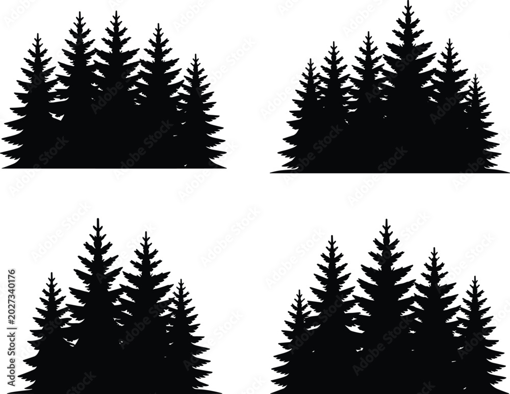 Obraz premium Evergreen tree silhouette illustration set with coniferous forest groups, perfect for nature, landscape, seasonal, outdoor, and decorative artwork design