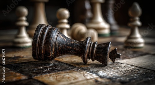 Fallen dark king on checkered board with blurry pieces