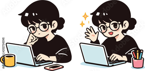 Cute girl with glasses working on laptop vector illustration, freelance designer programmer remote work character sticker set