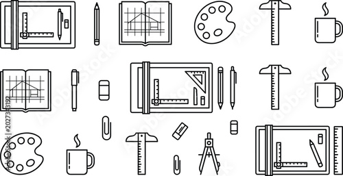 Architecture and design line art elements set with drafting board blueprint t-square vector illustration