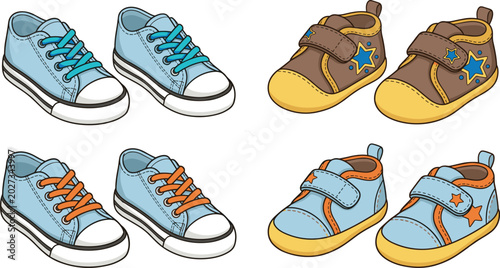 Tableau sur toile Cute Colorful Kids Sneakers and Baby Shoes Collection with Star Details for Chil