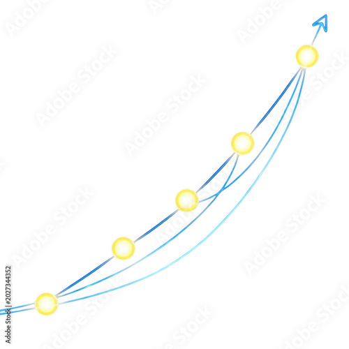 Abstract financial growth arrow with glowing yellow nodes, blue upward trajectory line for business success, rising market trend chart concept isolated on Transparent Background