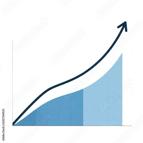 Financial growth chart with rising arrow, blue business data graph showing upward trend, conceptual success and profit increase visualization for corporate reports isolated on Transparent