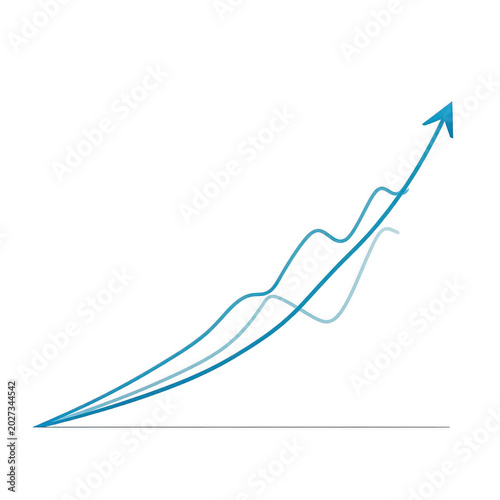 Blue rising arrow graph showing financial growth, upward business trend line with fluctuating data curves, conceptual success chart for corporate performance isolated on Transparent Background