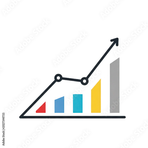 Financial growth bar chart with upward arrow, colorful business data graph showing success, professional marketing analytics and economic progress icon isolated on Transparent Background