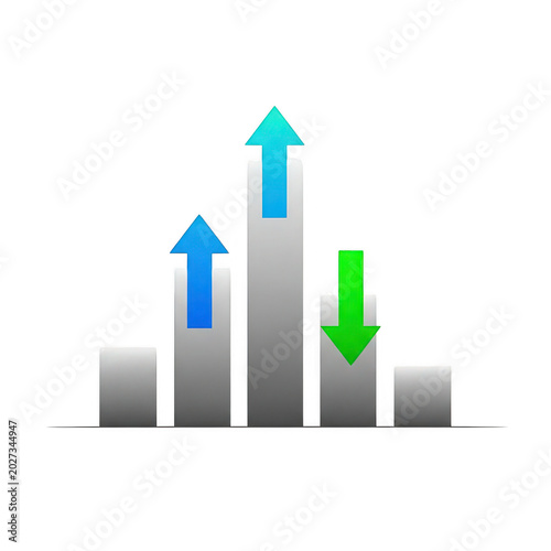 Financial bar chart with rising blue arrows and falling green arrow, business growth and market volatility concept, professional data visualization for analytics isolated on Transparent
