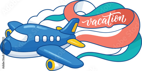 Foto Colorful cartoon airplane flying on vacation getaway