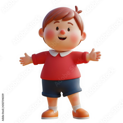 Cute cartoon boy standing with arms wide open and a happy smiling face isolated on transparent background