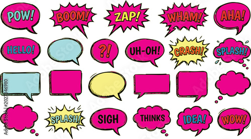 Speech bubbles in vibrant pink and yellow display various exclamatory text and empty frames for comic book style storytelling.