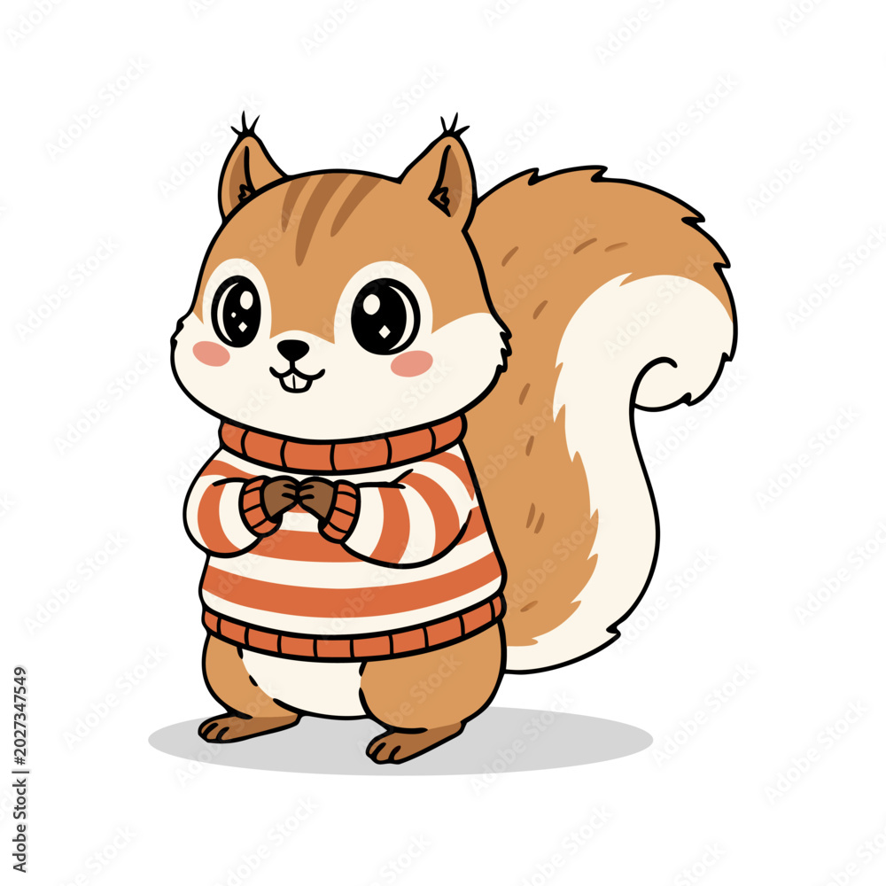 Fototapeta premium Cute cartoon squirrel wearing a cozy striped sweater and holding paws in front, isolated on white background, whimsical animal illustration