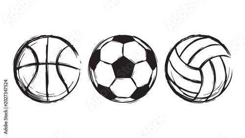 Hand drawn sketch of basketball, soccer ball, and volleyball