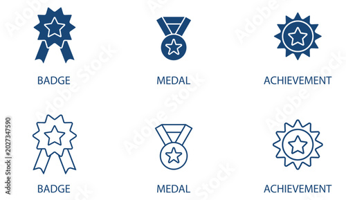 Fotografie Award badge icon set, badge, medal, achievement, line and filled style flat vector illustration