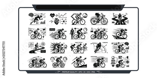 Cuadro en lienzo Cycling and bicycle racing vector icons set featuring cyclist silhouettes road bike training sports telemetry analytics heart rate monitoring and professional athletic performance