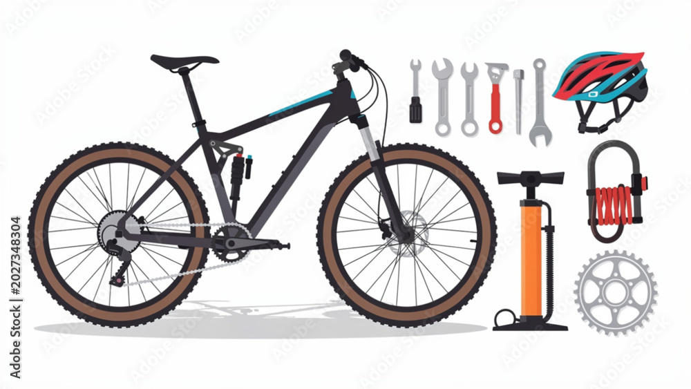 Fototapeta premium Road Bicycle with Gear, Helmet, Tools, and Pump for Urban Cycling and Repair