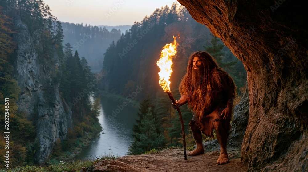 Fototapeta premium Caveman with Torch in Scenic Landscape