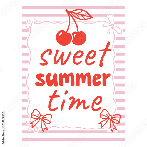 Sweet Summer Time Cherry Illustration with Cute Coquette Bow Frame