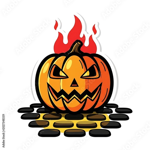 A glowing jack-o'-lantern with fiery flames erupting from its top