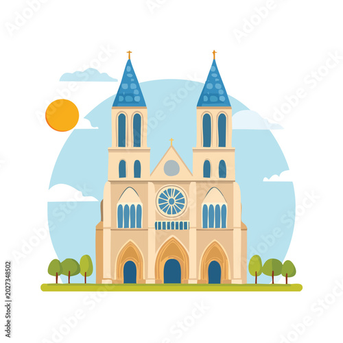 Cartoon illustration of a grand church building with blue towers and sunlight