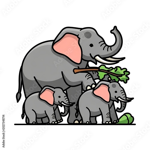 A large elephant gently offers branches to two smaller elephants
