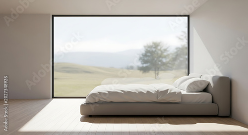 Modern minimalist bedroom with large window overlooking serene natural landscape transparent background
