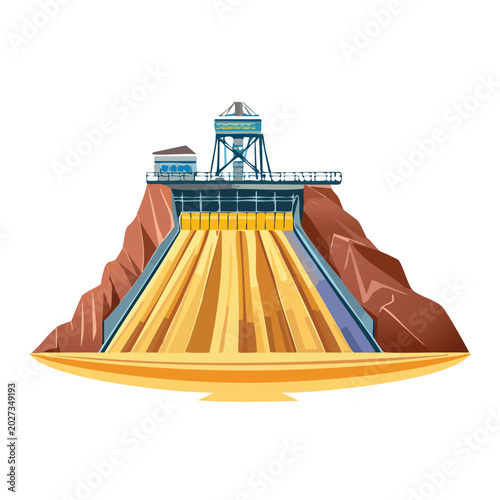 Cartoon illustration of a large dam with water and a mountain backdrop