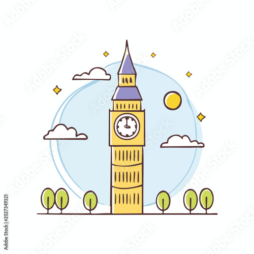 Cartoon illustration of famous clock tower with trees and clouds