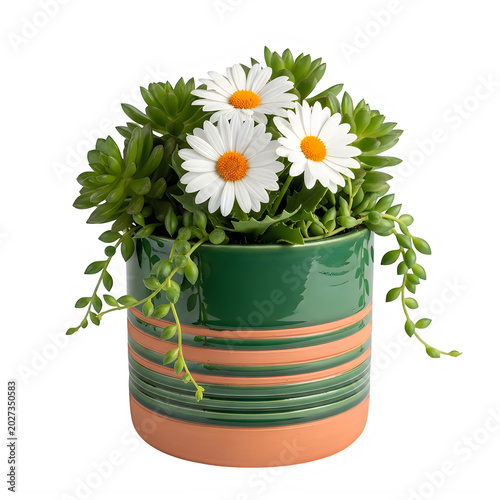 White daisies in a green and orange pot