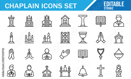 Editable Stroke Faith Icons Set with Bible, Cross, Candle and Worship Signs