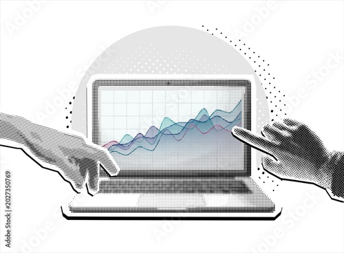 Data analytics concept. Halftone hand pointing sales graph on screen laptop. .Growth chart. Successful business performance. Business data graph on screen laptop. Achieving high results