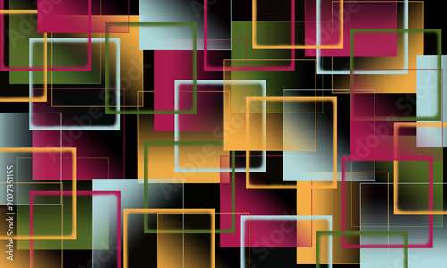 An abstract digital artwork featuring multiple overlapping glowing rectangles in vibrant colors such as pink, orange, green, and light blue on a black background. The semi-transparent geometric shapes