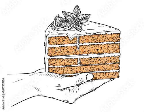 A slice of four-layered frosted cake with citrus and mint atop, held in a hand. It's a line drawing