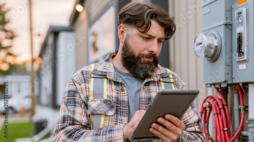 Focused municipal park manager inspecting utility connections with tablet beside modern manufactured home blurred suburban background soft natural morning light enhancing scene.