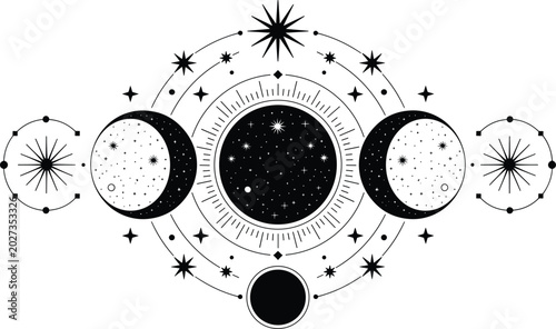Photos Mystical celestial triple moon goddess symbol with ornate stars and sunbursts depicting cosmic alignment on a stark white base