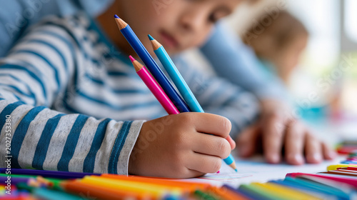 Close-up of a therapist's hands helping a child during extracurricular activities with drawing and social adaptation, child therapy concept, professional therapist photography,