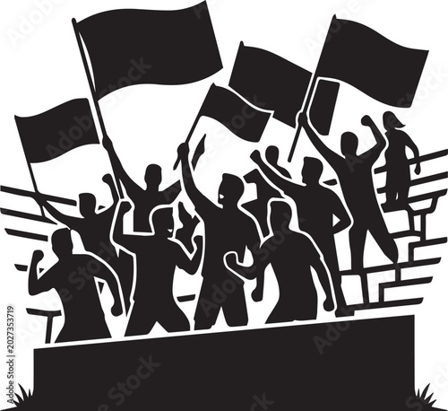 Soccer Fans Waving Large Stadium Flags Silhouettes