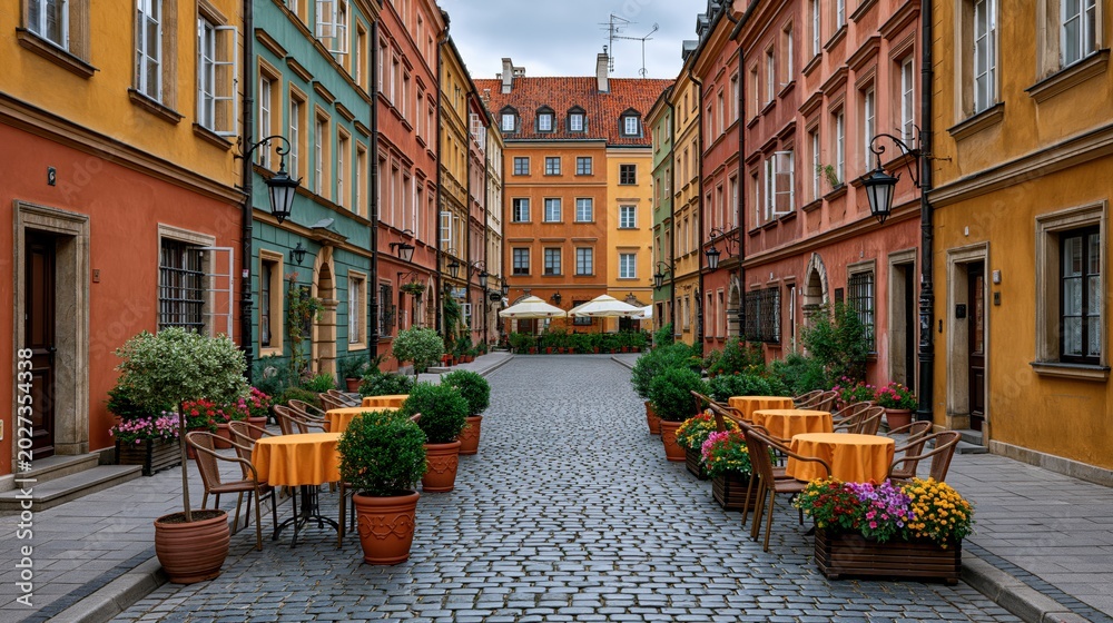 Obraz premium Charming European street with colorful old buildings and outdoor cafe seating