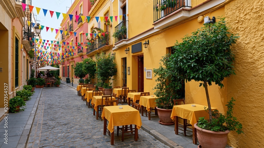 Obraz premium Colorful Spanish street cafe with outdoor seating and festive bunting