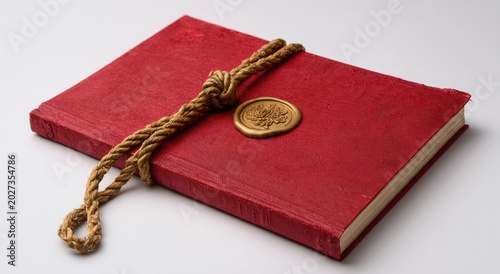 Red bound book with rope tie and gold wax seal
