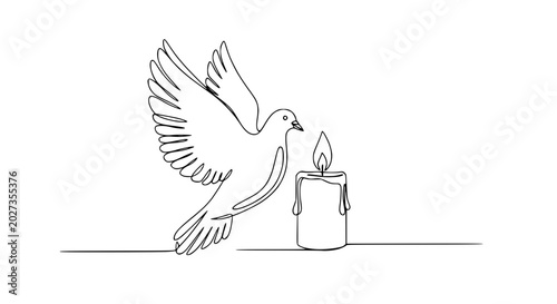 Foto Dove Flying Near Candle Flame, Single Line Drawing of Peace Symbol and Hope