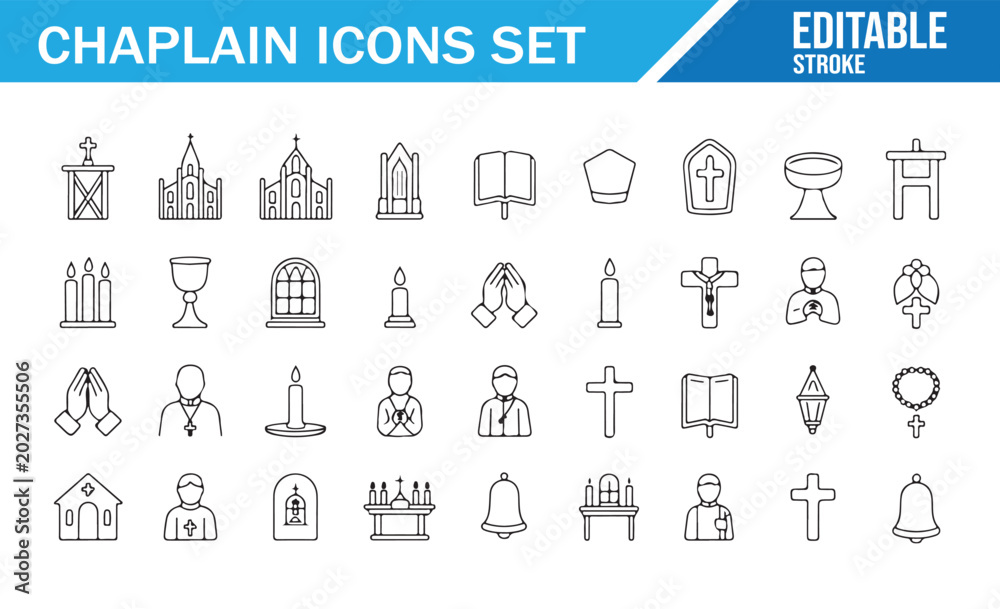 Fototapeta premium Chaplain Line Icons Set with Church, Cross, Bible, Prayer, Priest, Candle, Religion, Worship, Spiritual Care and Faith Symbols