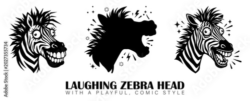 Three laughing zebra heads one silhouette expressive faces with graphic resource laughing laughter wildlife