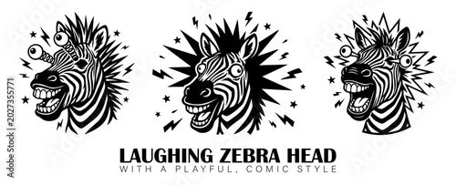Three laughing zebra heads with radiant sunbursts behind them graphic resource laughing laughter wildlife