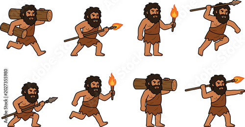 Foto Primitive Caveman Character Collection Vector Illustration with Stone Age Hunter