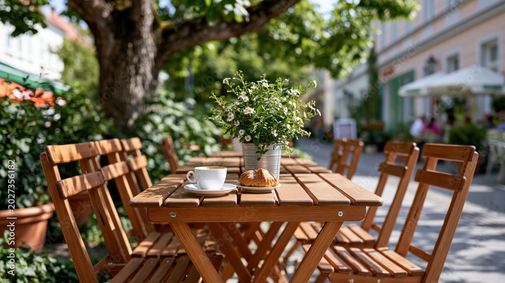 Obraz premium Outdoor cafe terrace with wooden tables and chairs, coffee and croissant