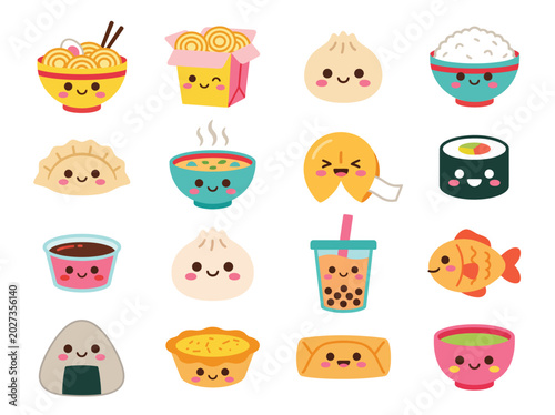 Cute Kawaii Asian Food Characters Vector Set - Ramen Sushi Dumpling Bubble Tea Onigiri Cartoon Collection